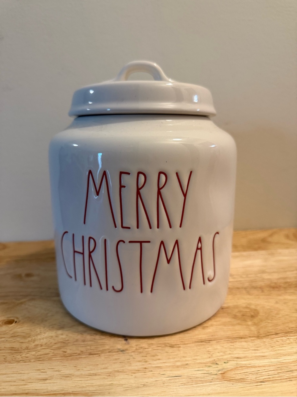 Rae Dunn White Ceramic Canister with Red 'Merry Christmas' Script